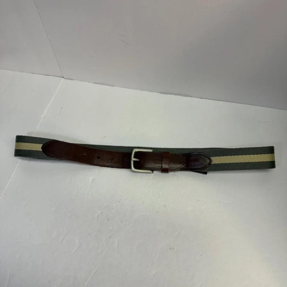 Vineyard Vines Mens Size 34 Striped Canvas Leather Belt Green Tan Preppy Whale